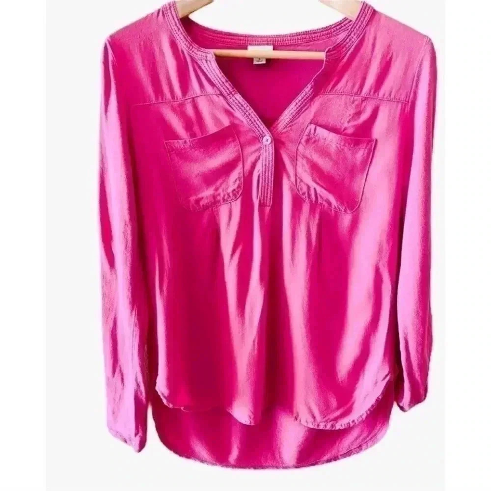 Merona Roll-Up Long Sleeves V-Neck Button Up Modal Blend Top SZ S #1410